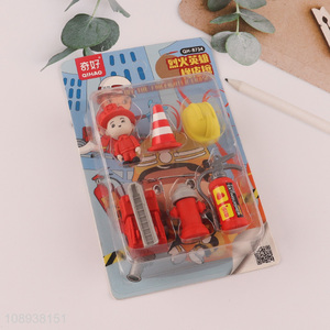 Yiwu market cartoon firefighter eraser set for stationery