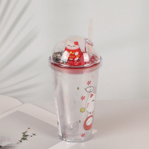 Top products double wall lucky cat drinking cup with lid and straw