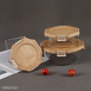 Top selling home kitchen glass round food container preservation box with bamboo lid