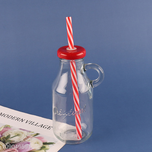 Factory price empty glass milk bottle juice cup with straw