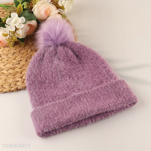 High Quality Women'S Beanie Hat Fluffy Knitted Beanie Cap with Pompom