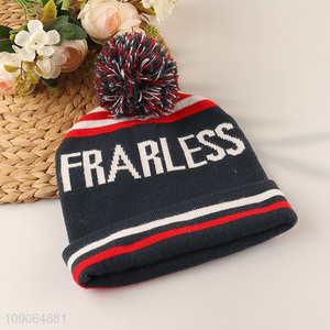 Online Wholesale Unisex Letter Jacquard Knitted Cuffed Beanie Hat with Pompom