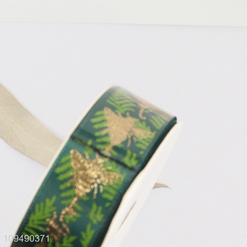 Hot sale green satin ribbon with gold bee print